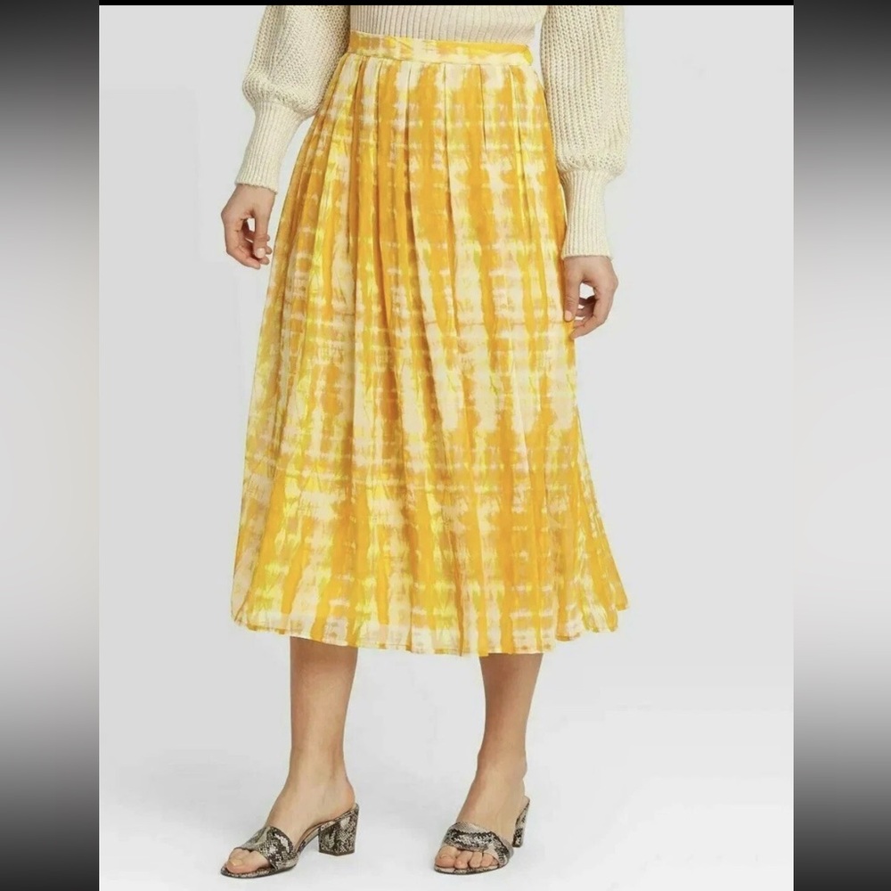 Who What Wear yellow tie-dye flowy feminine midi skirt spring size 6